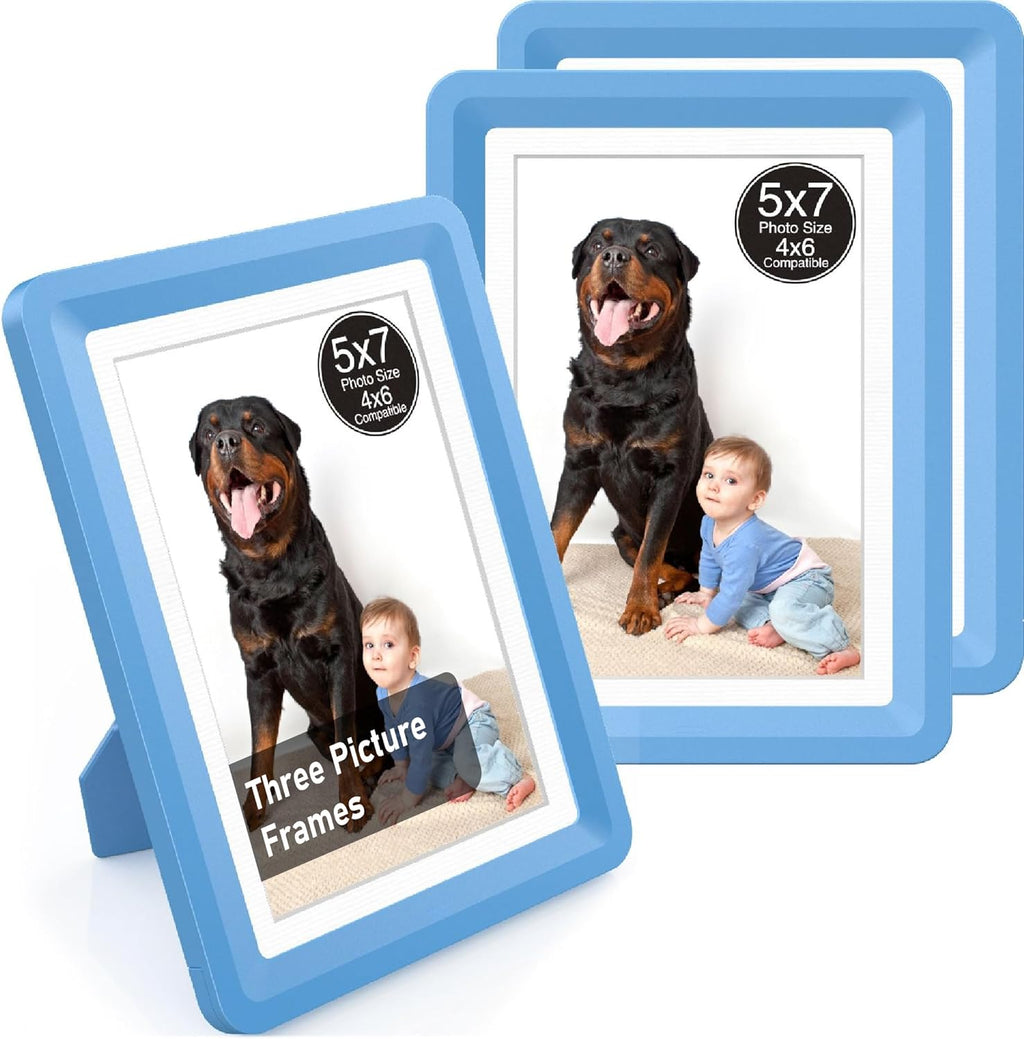 Blue 5x7 Picture Frame with Acrylic Front 3 Pack, ABS Frame for 5x7 or 4x8 Photos, Shatterproof UV-Resistant Tabletop Photo Frame, Vertical/Horizontal Display for Home Décor