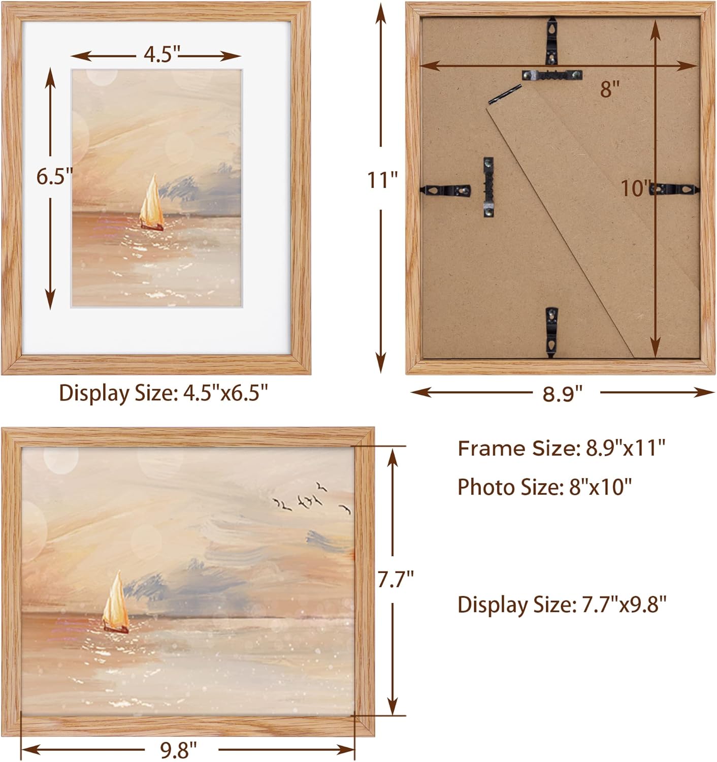 Natural Oak 8x10 Picture Frames Set of 3, Solid Oak Wood Frame, Matted to 5x7, Tempered Glass, Wall & Tabletop, 3 Pack