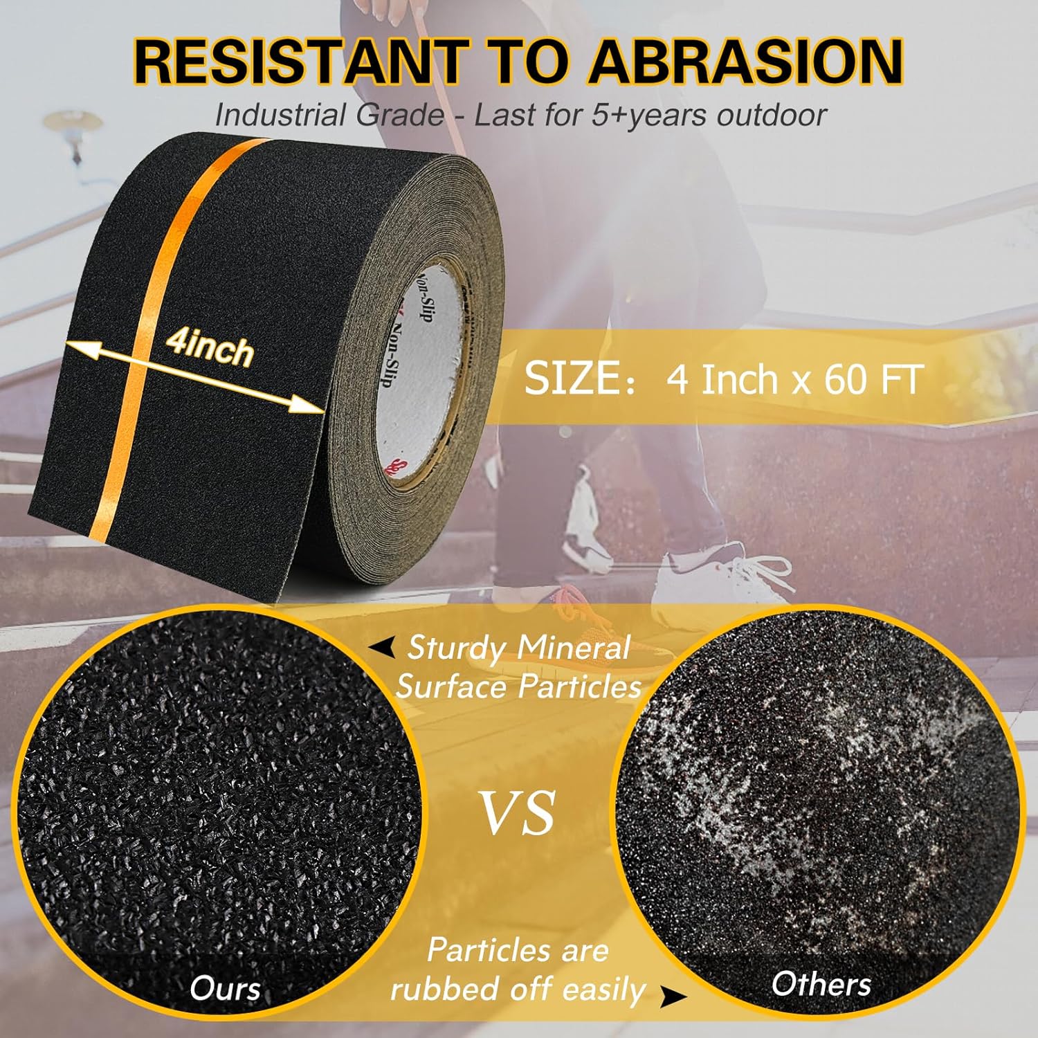 S&X Grip Tape for Stairs 4 Inch x 60 Ft, 2X Longer Heavy Duty Anti Slip Traction Tape with Reflective Strip, Outdoor Non Slip Stair Tread Non-Skid Safety Tape, Long-Lasting