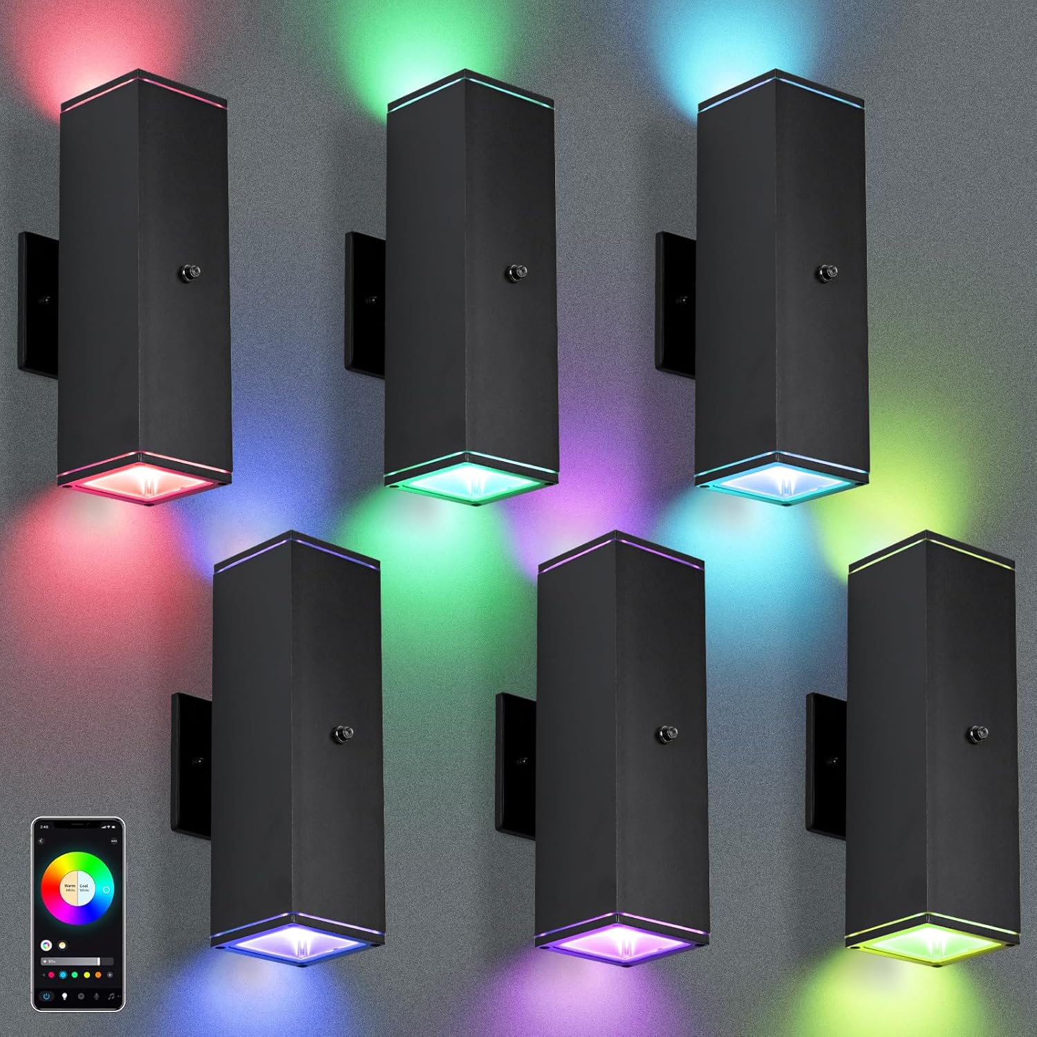 Outdoor Wall Lights 6 Pack, RGBCW Exterior Lighting Sconce,2700K-6500K Dimmable Smart Porch Lights Outdoor for House Patio Garage, Compatible with Alexa/Google Assistant, Bulb Included