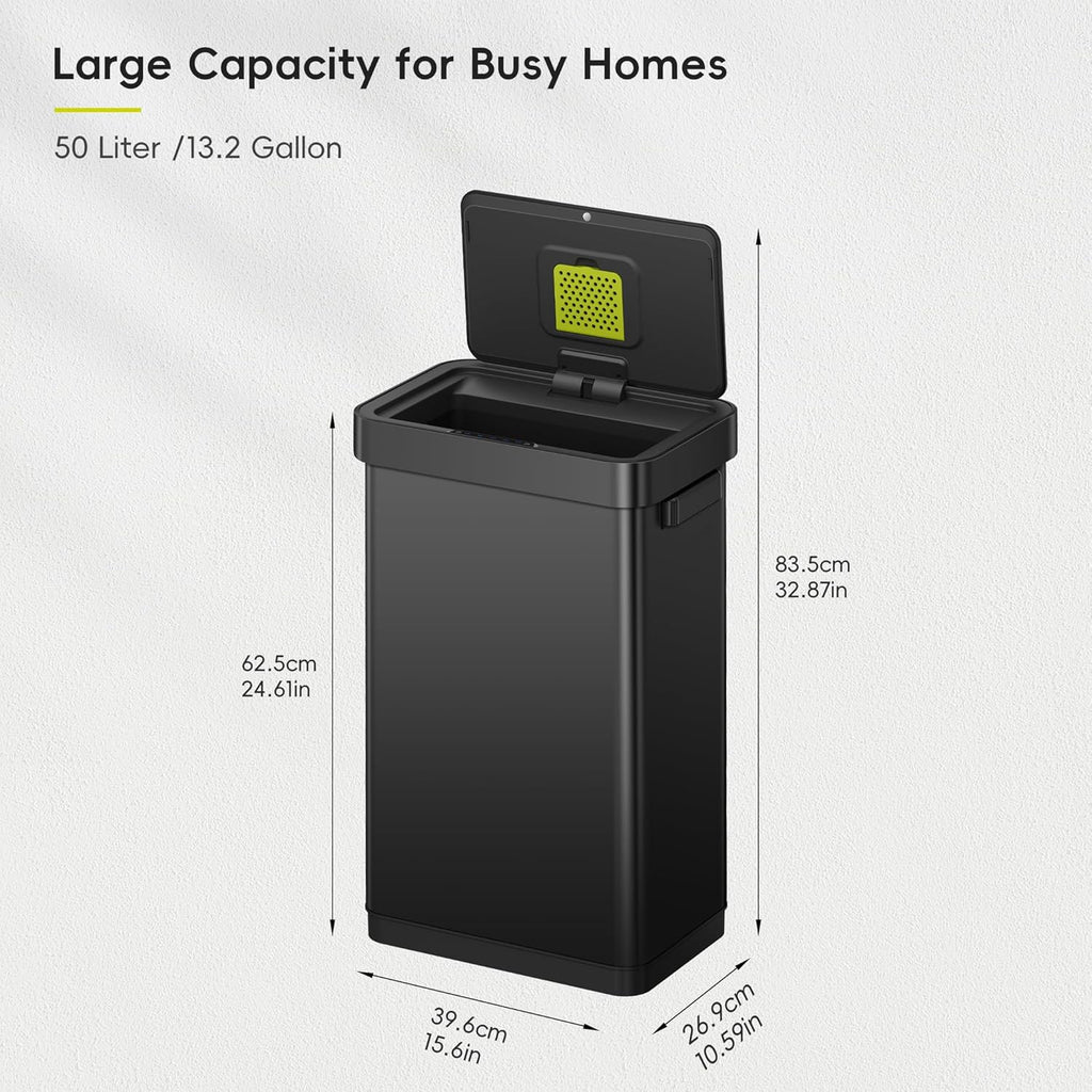 EKO Deluxe Mirage-T 50 Liter / 13.2 Gallon Touchless Rectangular Motion Sensor Trash Can, Matte Black Stainless Steel Finish