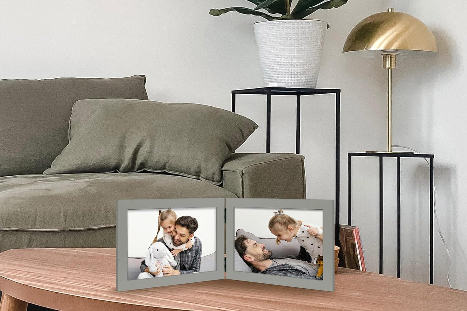 Double 4x6 Horizontal Combo, Grey Wood Picture Frame, 3.5x5.5 Opening Foldable Landscape View Photo Frame on Table-top or Wall