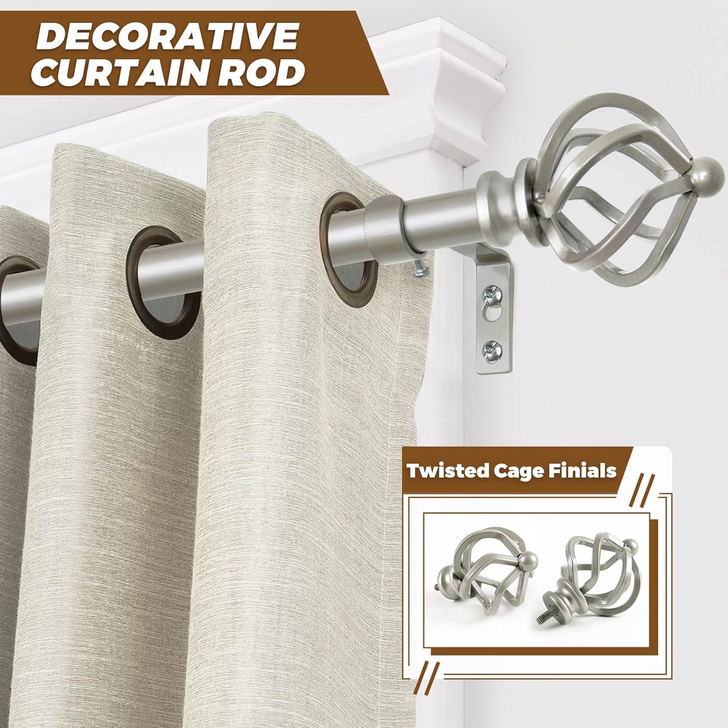 KAMANINA Curtain Rods for Windows 66 to 120 Inch, 3/4 Inch Antique Silver Curtain Rod 32 to 115 Inches (2.6-9.6ft) Splicing Adjustable Single Drapery Rod with Twisted Cage Finial