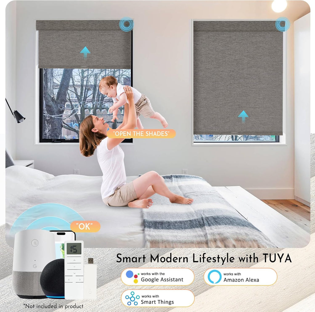 Persilux Smart Motorized Blinds with Remote, No Drill Automatic Roller Shades for Indoor Windows, Blackout Linen Fabric, Electric Blinds for Windows, Linen Brown C156BO-4, Custom Size