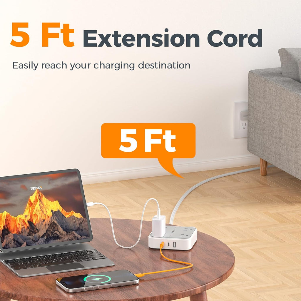 TESSAN Surge Protector Power Strip with 3 USB (2 USB C) 4 Outlets, Flat Plug Extension Cord 5 Ft, 900J Surge Protection, Multiple Charging Station with Power Switch for Home, Office, Dorm Room, Gray