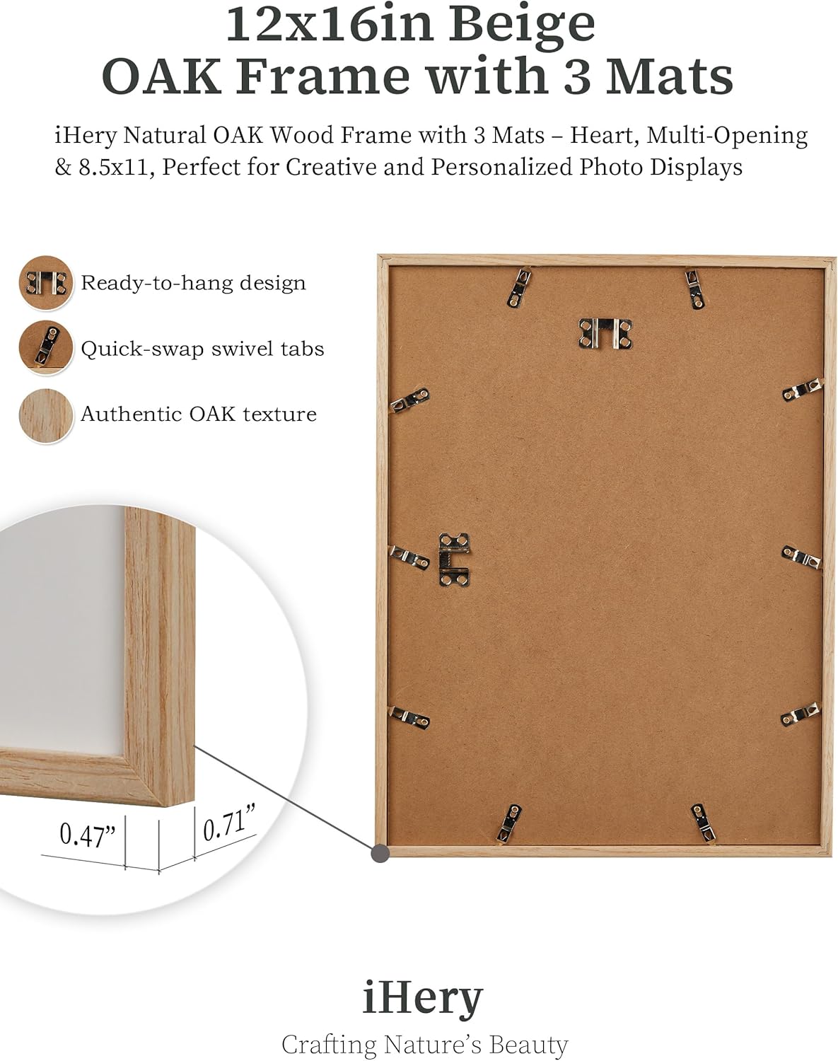 iHery Standard 12x16in Natural OAK Wood Picture Frames Collage For Wall Decor, Includes 3 Mats (Heart, 4x6/5x7 Multi-Opening, 8.5x11), DIY Gallery Photo Display For Family Mom, Birthday Gift 1Pack