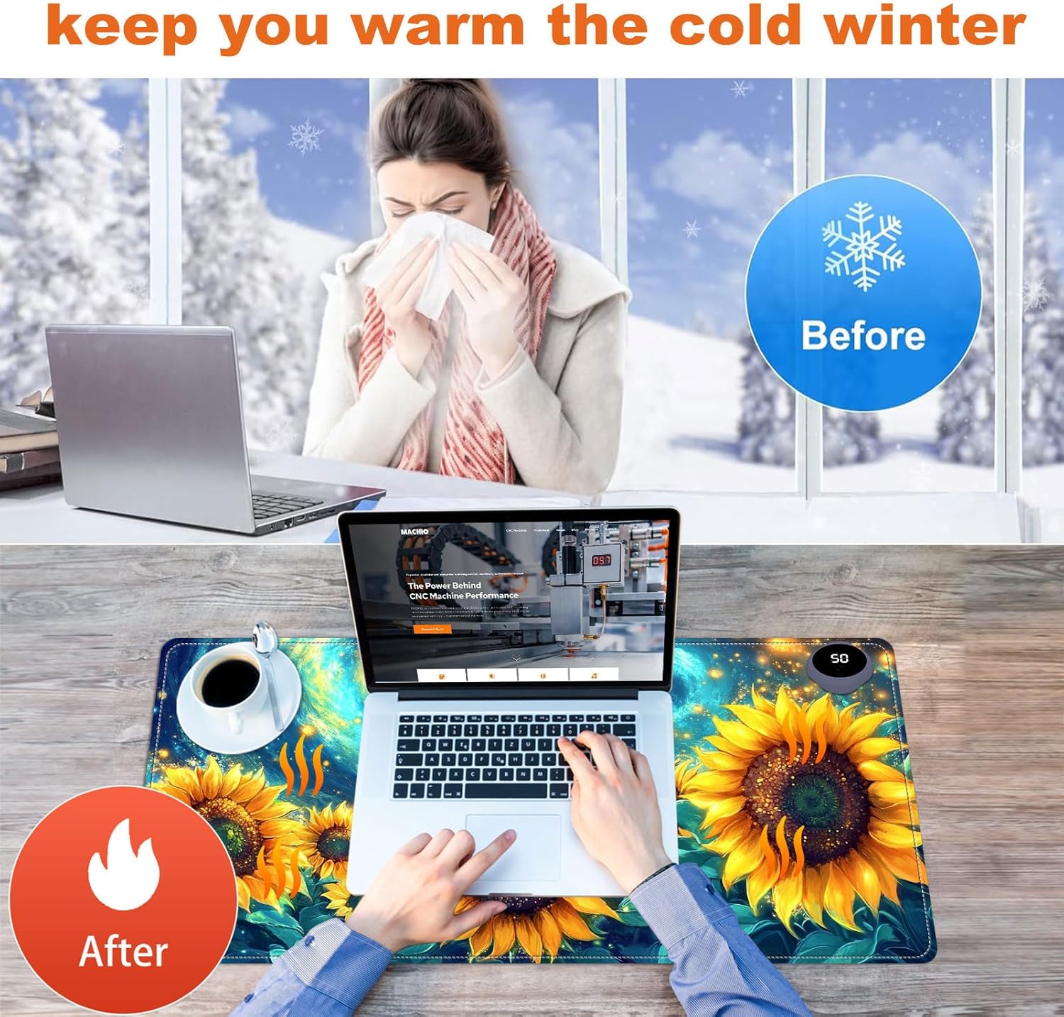 Small Heated Desk Pad 23.6" x 14.2" – Compact Electric Mouse Pad with 3 Heating Levels, Auto Shut-Off, Waterproof PU Surface, Plug-in Warmer for Office or Home Use, Starry Sunflowers