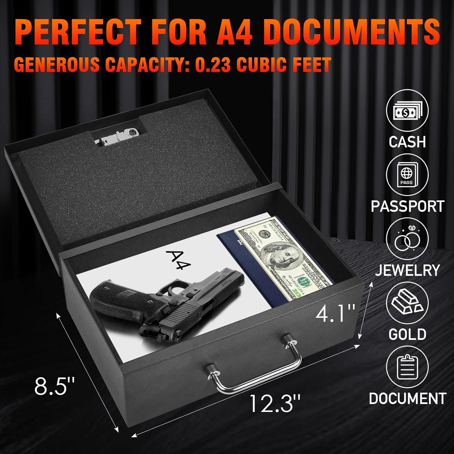 TOTOY Portable Fireproof Document Box with 3-digit Combination Lock, Safe Box for Valuables, Hand Held Storage Lock Box for Documents, Passport, Cash, Tablet