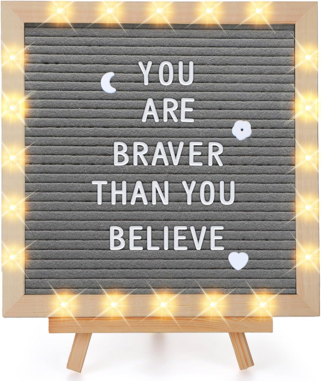 Changeable Felt Letter Board with LED Lights - 10×10" Message Custom Signs & Wood Stand & 450 Letters, Poster Board for Valentine's Day/Baby/Pregnancy Announcement/Classroom Wall Decor Gifts, Grey