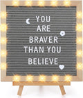 Changeable Felt Letter Board with LED Lights - 10×10" Message Custom Signs & Wood Stand & 450 Letters, Poster Board for Valentine's Day/Baby/Pregnancy Announcement/Classroom Wall Decor Gifts, Grey