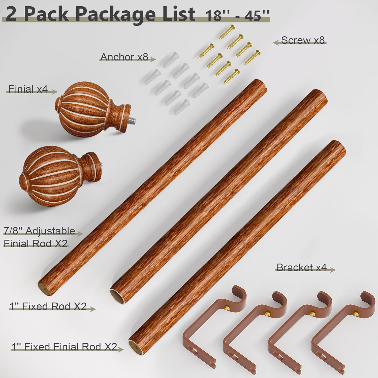 2 Pack Reddish-Brown Wood Curtain Rods for Windows 28 to 48 Inch, 1'' Adjustable Heavy Duty Curtain Rod，Vintage Imitation Wood Decorative Drapery Rods with Pumpkin Finials for Living Room