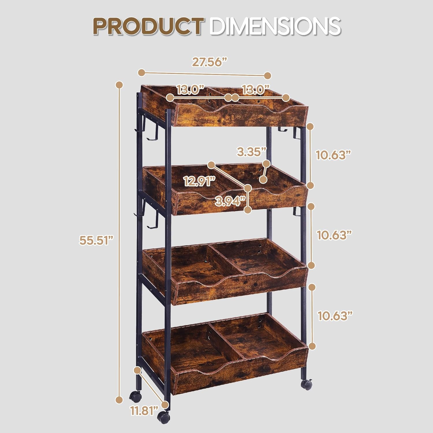 Snack Rack with Wheels,4-Tier Retail Display Shelves with 8 Metal Hooks,Tilted Design,Mobile Retail Display Stand with Metal Frame,Easy Assembly
