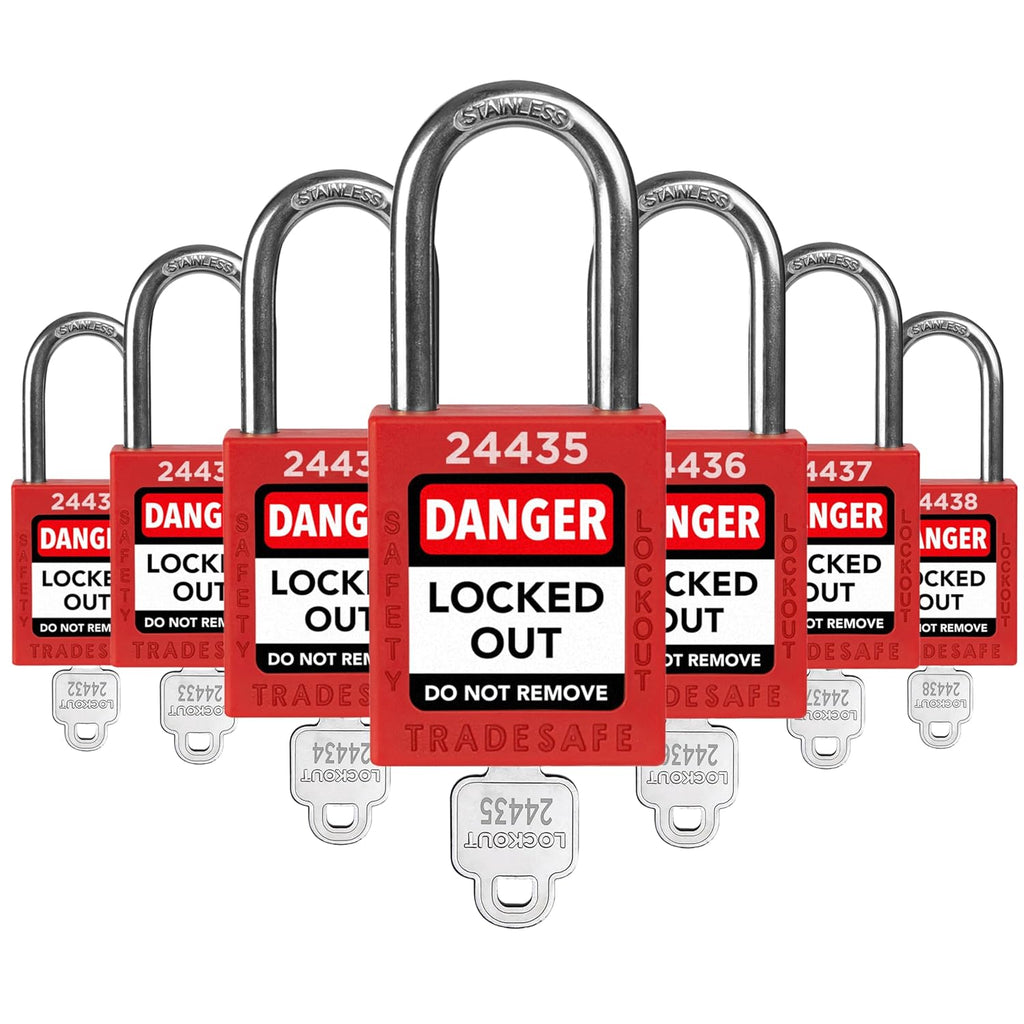 TRADESAFE Lockout Tagout Locks Set - 7 Red Loto Locks, Lockout Locks Keyed Different, 1 Key Per Lock, OSHA Compliant Lock Out Tag Out Padlocks, Safety Padlocks for Electrical Lockout Tag Out Kits