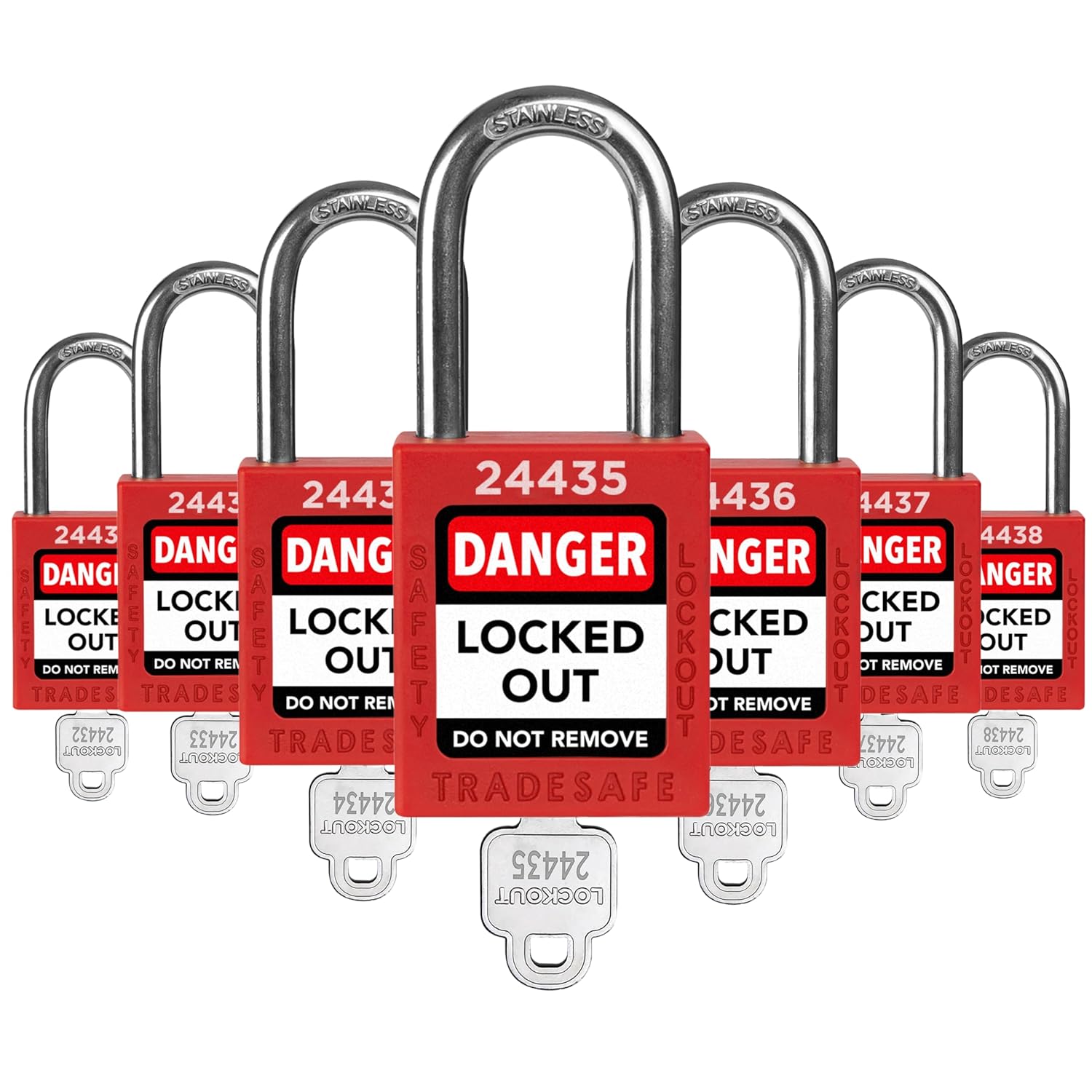 TRADESAFE Lockout Tagout Locks Set - 7 Red Loto Locks, Lockout Locks Keyed Different, 1 Key Per Lock, OSHA Compliant Lock Out Tag Out Padlocks, Safety Padlocks for Electrical Lockout Tag Out Kits