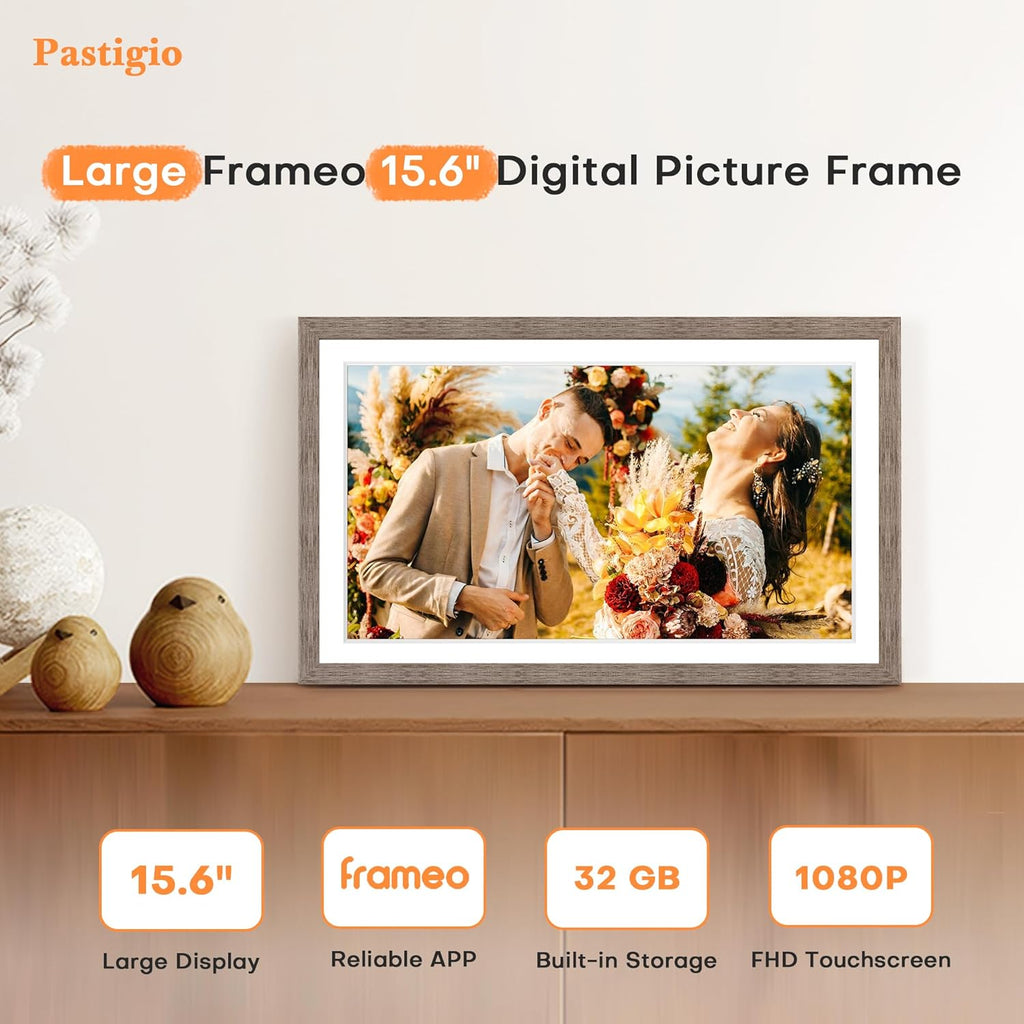 Digital Picture Frame 15.6 Inch, Large WIFI Digital Photo Frame Frameo,Electric Slideshow Frame, 1920 * 1080 IPS FHD Touchscreen, 32GB, Tabletop&Wall-Mounted, Share Video Picture, Wedding Gift, Greige