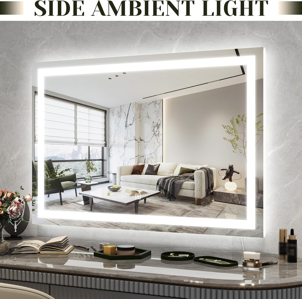 ROLOVE 32x 22 Inch Large Lighted Vanity Mirror with Dimmable 3 Modes, LED Makeup Mirror for Bathroom ＆ Dressing Room, Tabletop or Wall-Mounted, White