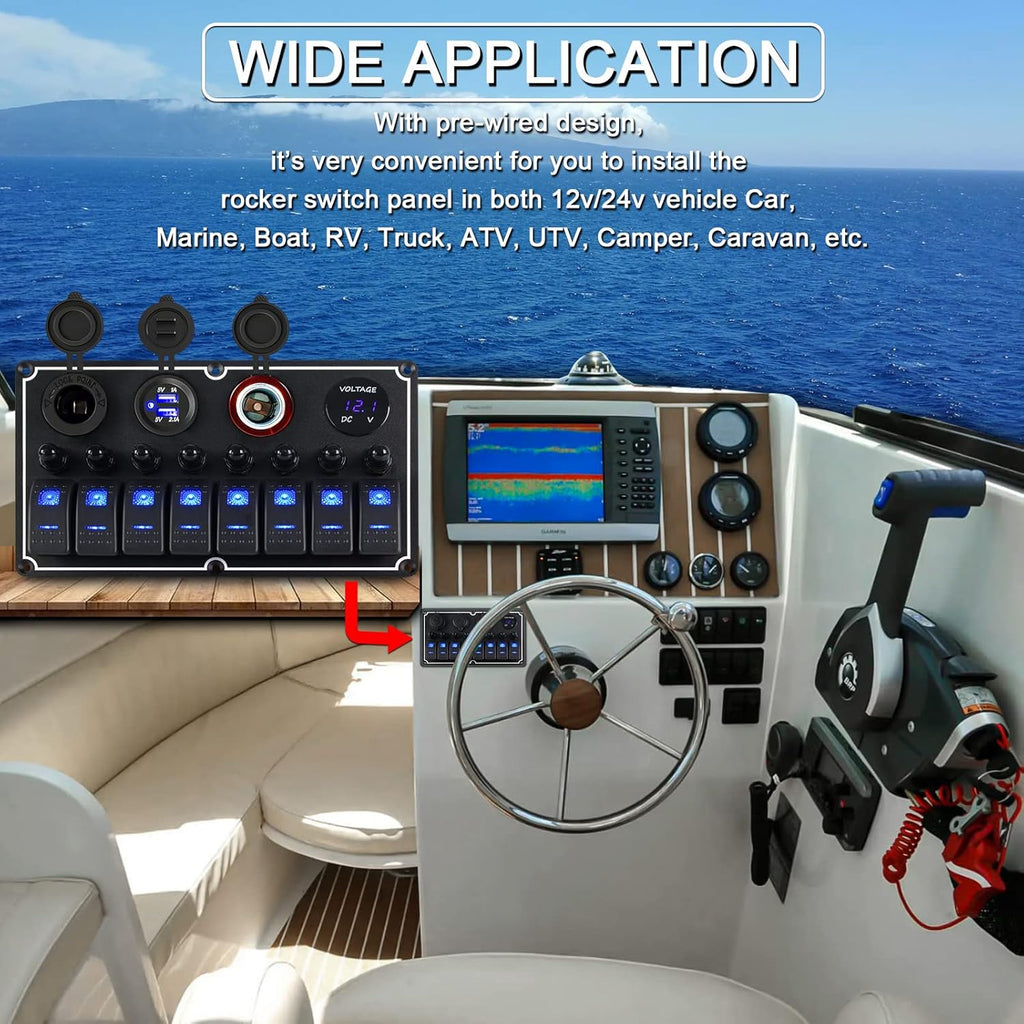 Marine Switch Panel Waterproof,8 Gang Boat Rocker Switch Panel,Multi-Function Toggle Light Switch Panel with Dual USB and Voltmeter Panel for RVs, Cars, Boats, Trucks,Trailers - 12-24V
