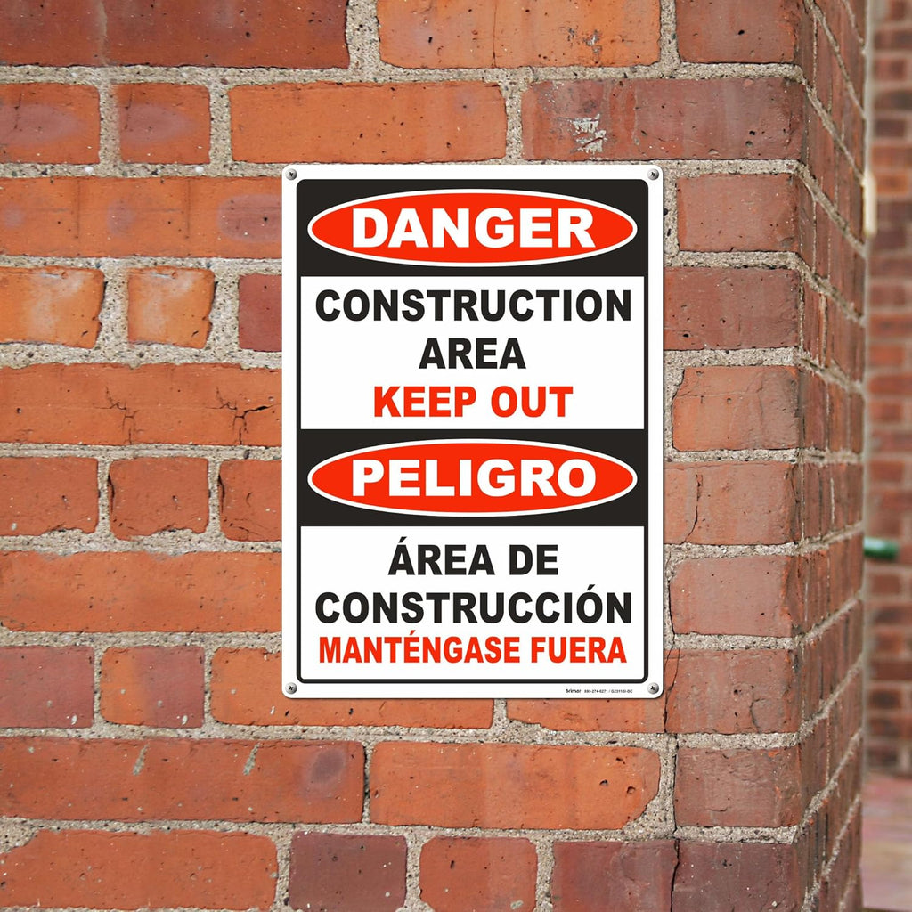 Brimar - 10" x 14" - Bilingual Danger Construction Area Keep Out Sign - .055″ Polyethylene Plastic - Bold Text And Symbol - Easy Installation