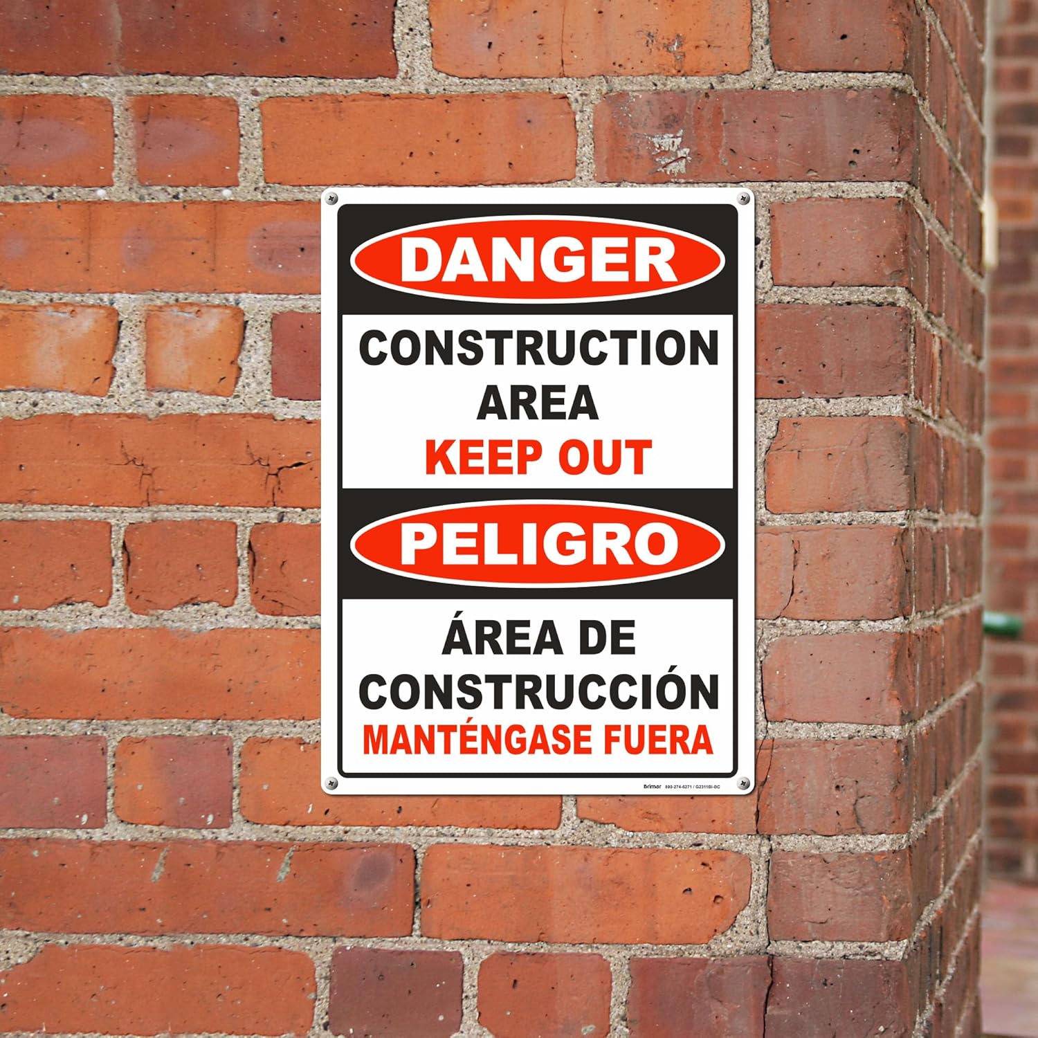 Brimar - 10" x 14" - Bilingual Danger Construction Area Keep Out Sign - .055″ Polyethylene Plastic - Bold Text And Symbol - Easy Installation