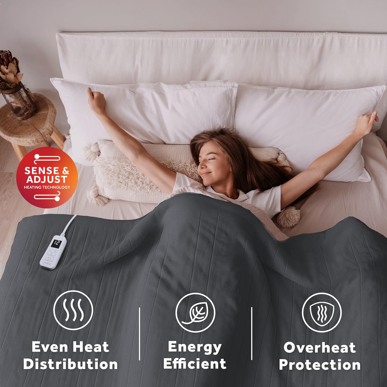 Sunbeam Royal Ultra Fleece Heated Electric Blanket Full Size, 84" x 72", 12 Heat Settings, 12-Hour Selectable Auto Shut-Off, Fast Heating, Machine Washable, Warm and Cozy, Iron