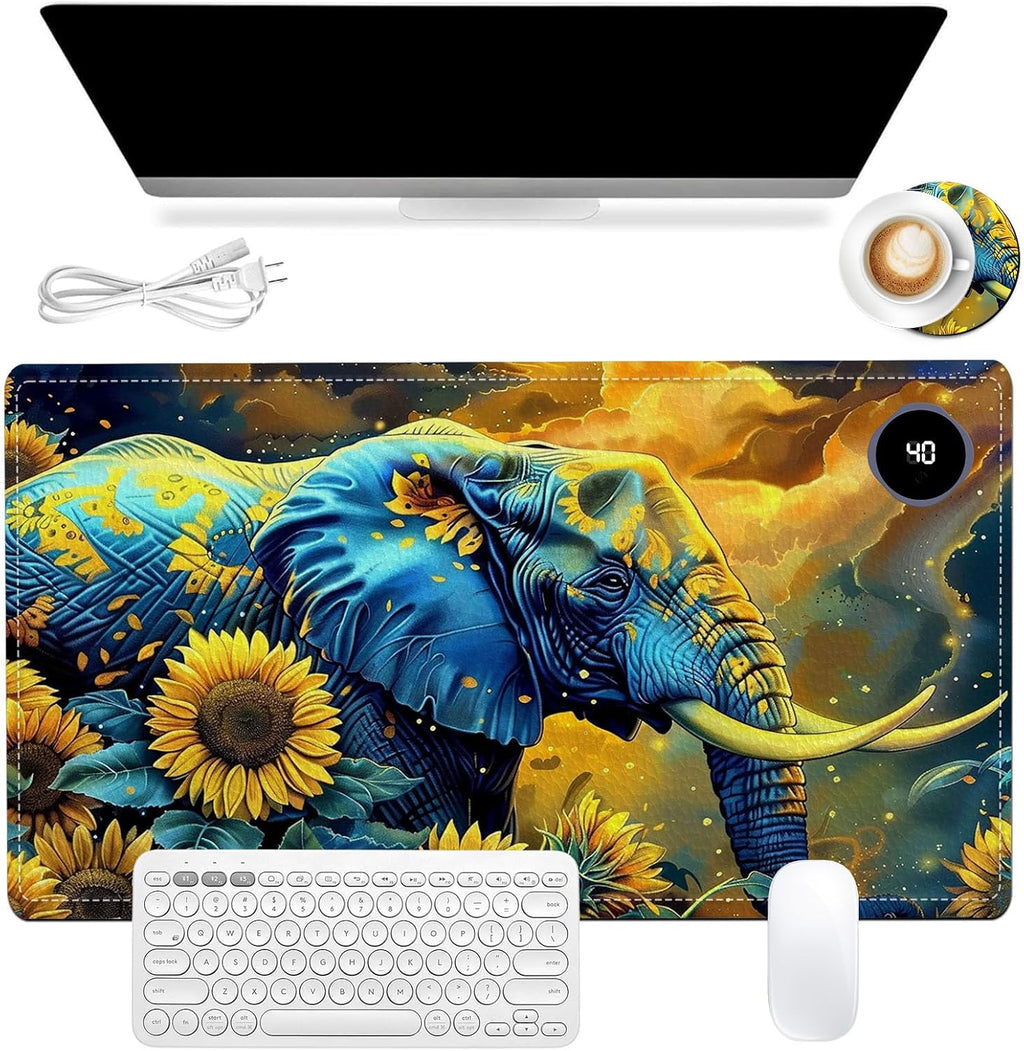 Heated Mouse Pad, Warm Desk Pad, Keyboard Mat 23.6 x 14 Inch Large Size Intelligent Fast Heating, 3 Speed Adjustable, Timed Auto Power Off for Game Office Home, Elephant in Sunflower Field