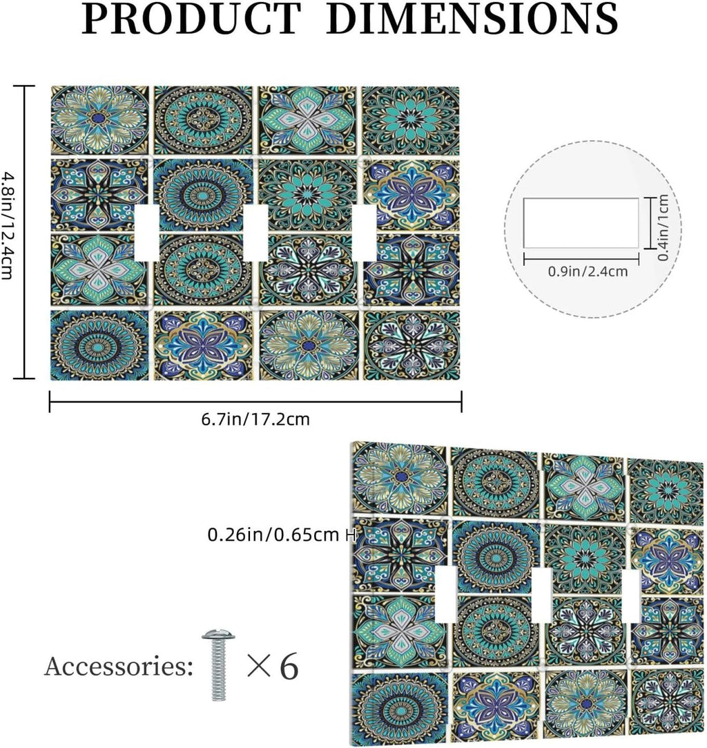 Decorative Switch Plates Mandala Decorative Rustic Vintage Turquoise Pattern 3 Gang Wall Plate Triple Toggle Light Switch Cover Faceplate Electrical Wall Panels for Bedroom Bathroom