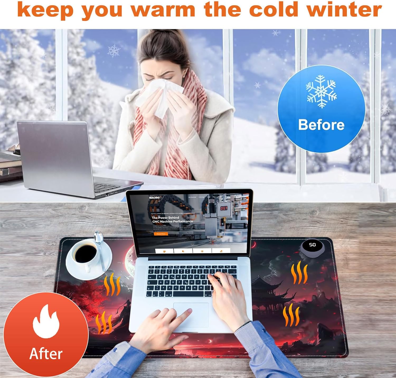 Small Heated Desk Pad 23.6" x 14.2" – Compact Electric Mouse Pad with 3 Heating Levels, Auto Shut-Off, Waterproof PU Surface, Plug-in Warmer for Office or Home Use, Bloody Moonlight