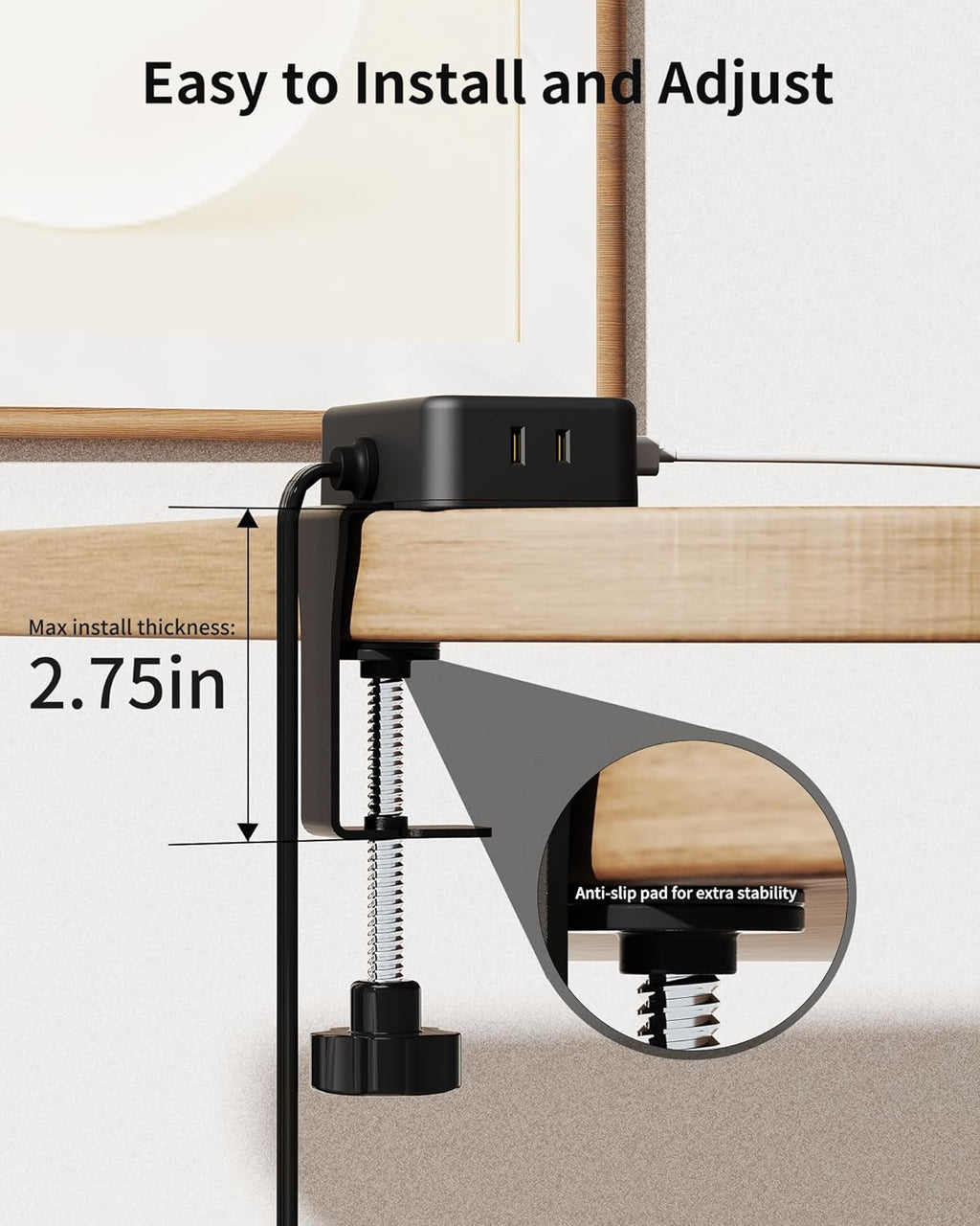 Desk Clamp Power Strip, Desktop Mount Charging Station with 4 Outlets 4 USB Ports (2 USB C), 10Ft Under Desk Power Strip, Fits 2.75" Tabletop Edge, Extension Cord for Home Office, Black