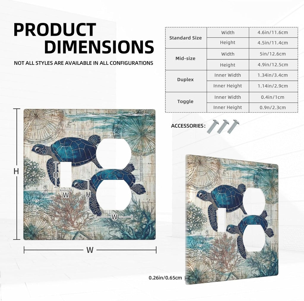 Blue Green Sea Turtle Tropical Ocean Coral Nautical Map Wallplates 1 Toggle 1 Duplex Switch Plate Electrical Gfci Faceplate Decorative Light Switch Covers For Bed Room Bathroom Decor