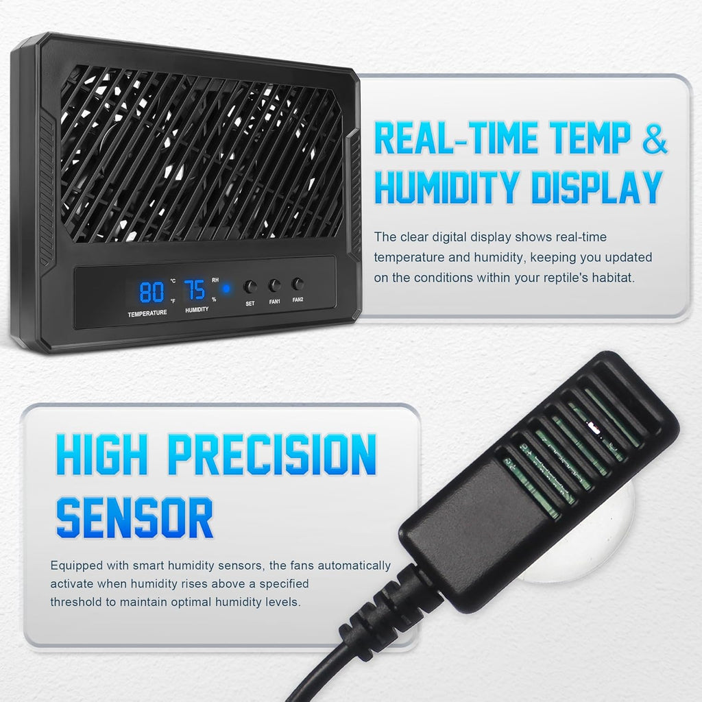Reptile Intelligent Double Ventilation Fan with Humidity Sensor and High-Temp Alarm, Fan Dehumidifier for Reptile Terrariums, Suitable for overly humid, Rainforest and Ecological Tanks