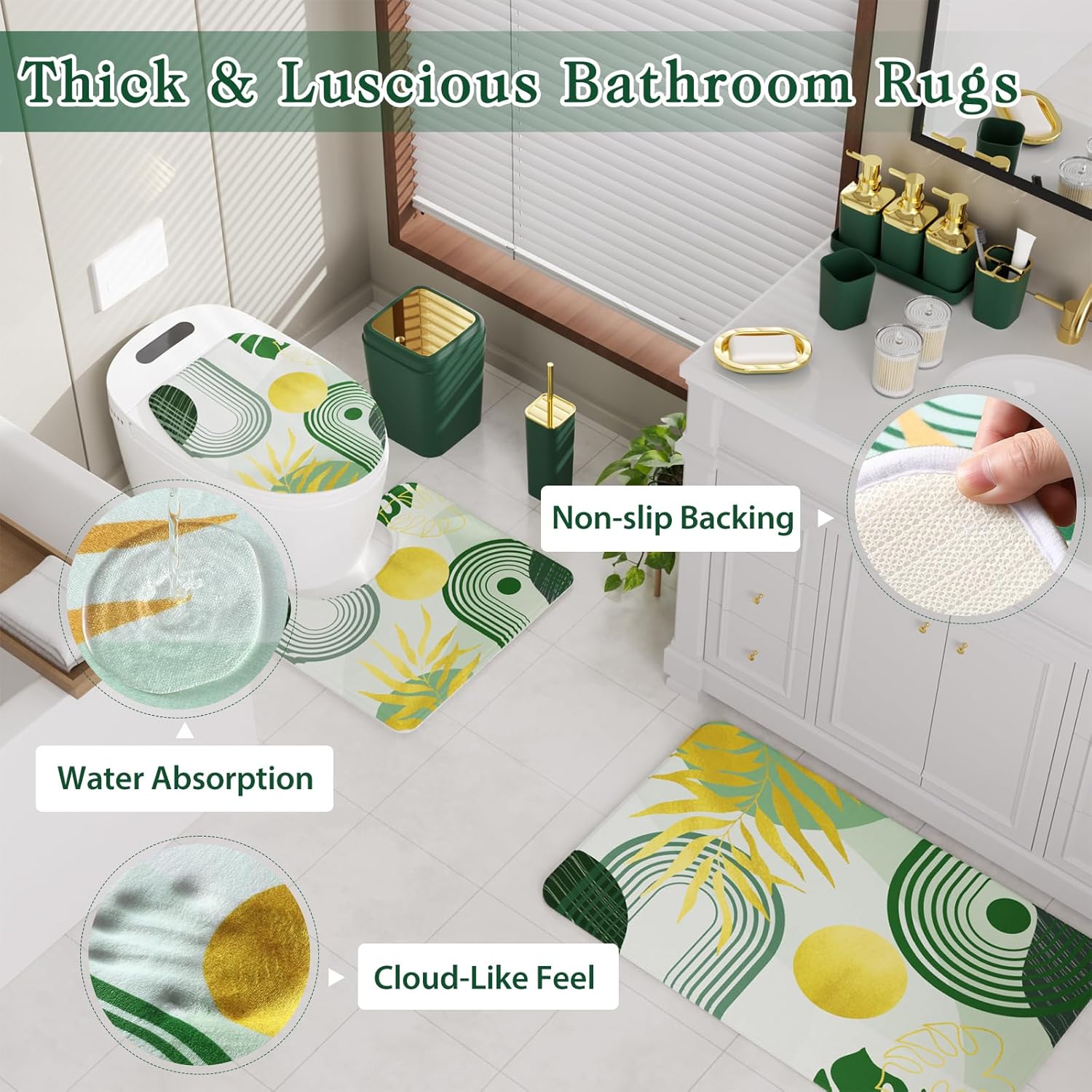 Bathroom Set - Bathroom Sets with Shower Curtain and Rugs, Bathroom Accessory Set, Dark Green Bathroom Accessories Set with Trash Can, Toilet Brush and Soap Dispensers