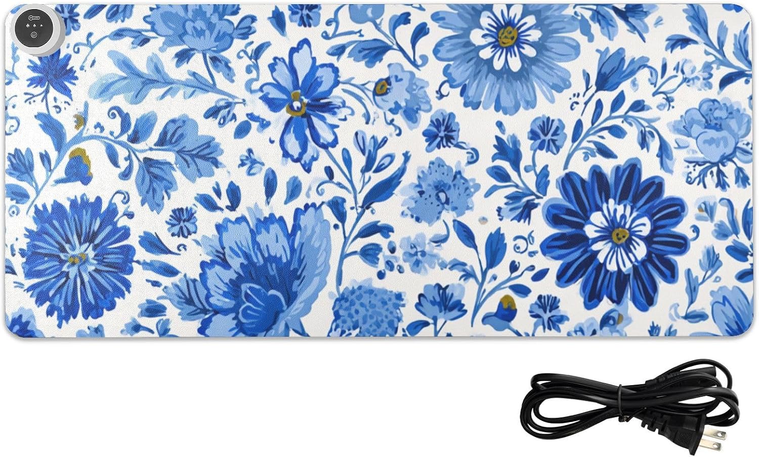 Heated Desk Pad Mouse Pad 31.5x13 Inch PU Leather Desk Mat with 3 Heat Levels Large Mouse Gaming Computer Laptop Mat Flower Blue and White Daisy Leaf