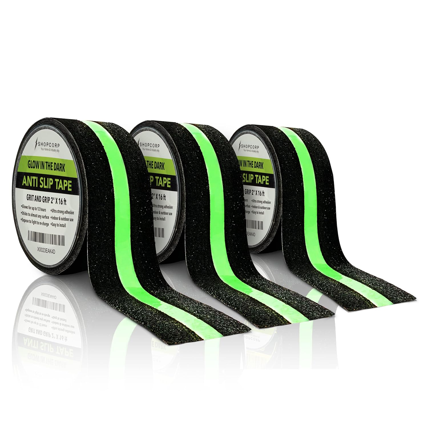 Anti Slip Glow in The Dark Traction Tape 2Inch x 16ft – Heavy Duty Adhesive Grip Non Skid Tape for Stairs Waterproof Safety - Outdoor/Indoor - Neon Strips Walk Black - 3 Pack