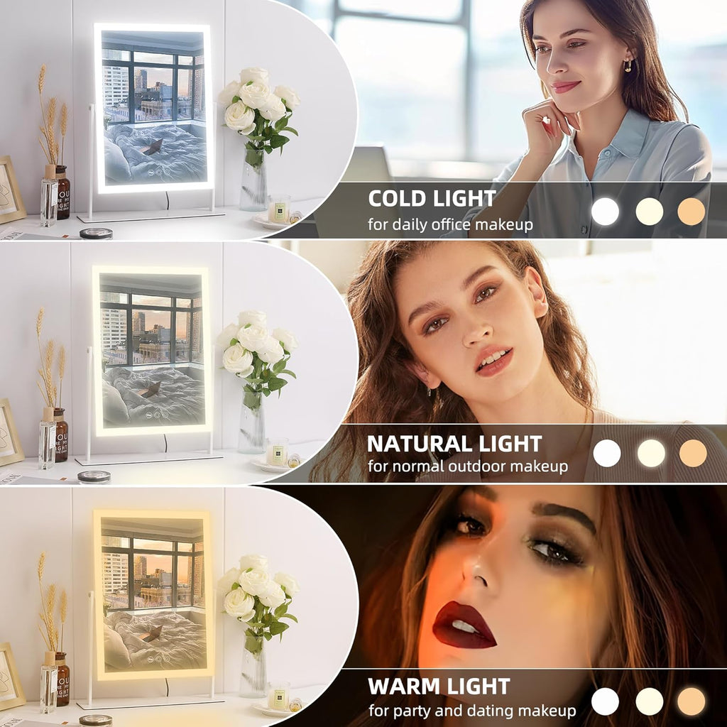VANITII Vanity Mirror with Lights 12”x16” Hollywood Makeup Mirror with 10X Magnification and Free Rotation Dimmable 3 Color Modes Smart Touch LED Mirror