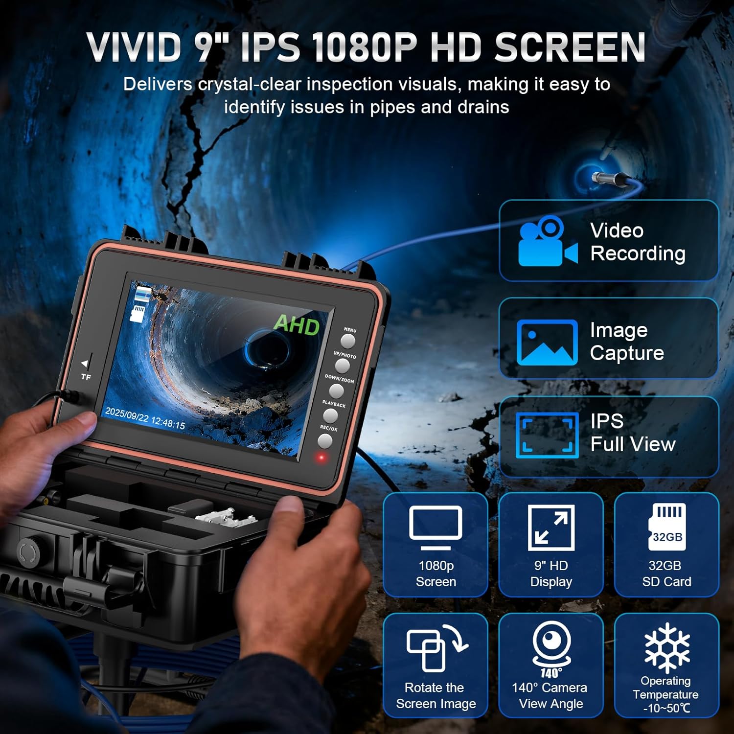 Sewer Camera, Self Leveling Drain Camera 100ft with Meter Counter, 9" HD Plumbing Cameras Snake with 12 LED Lights, 5100mAh Battery, IP68 & 32GB DVR Recorder, Duct Sewer Line Pipe Inspection