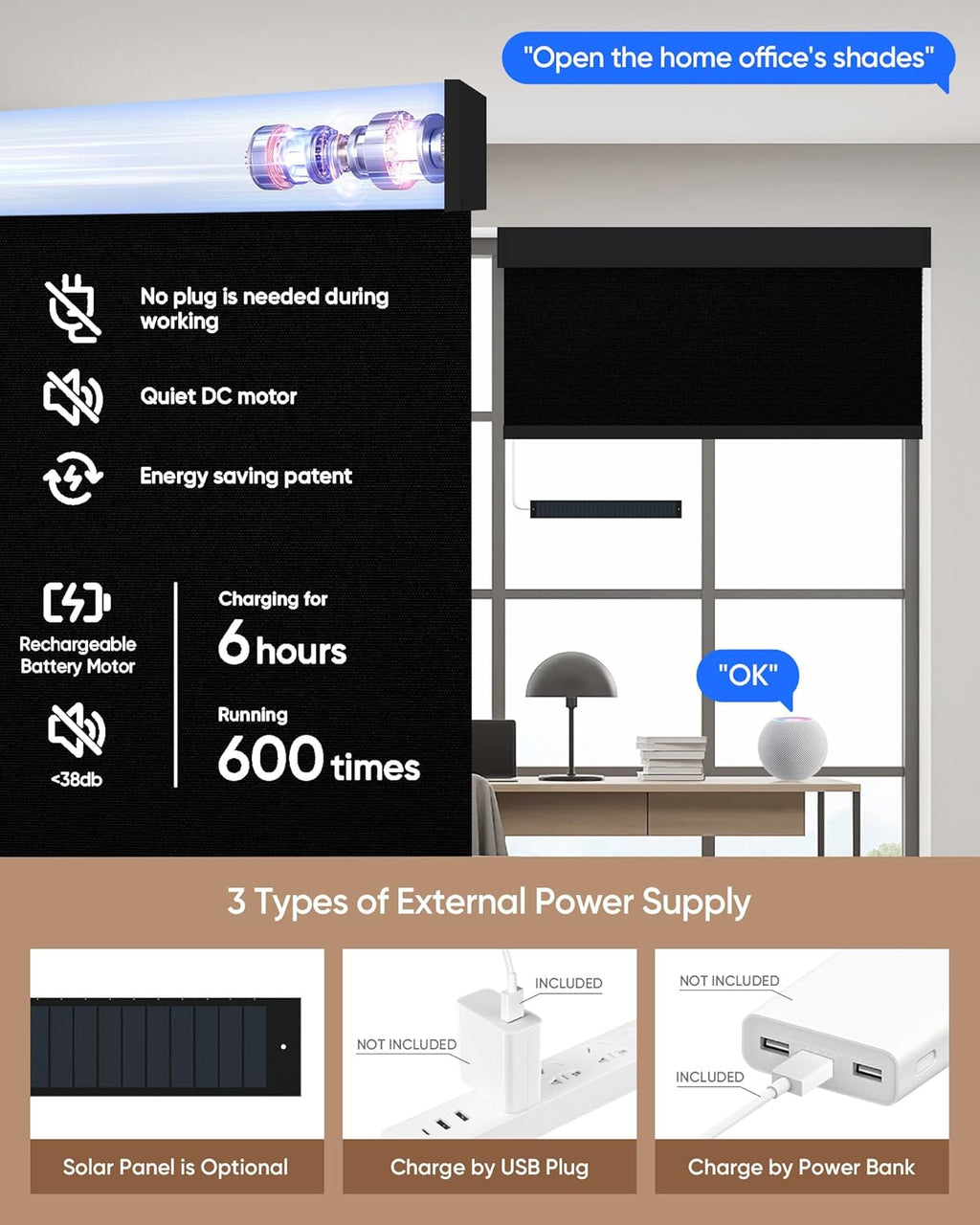 Kincmo Motorized Blinds with Remote,100% Blackout Motorized Roller Shades Work with Apple Homekit,Alexa,Google, Custom Electric Blinds with App,Voice Control (Vinyl Black)