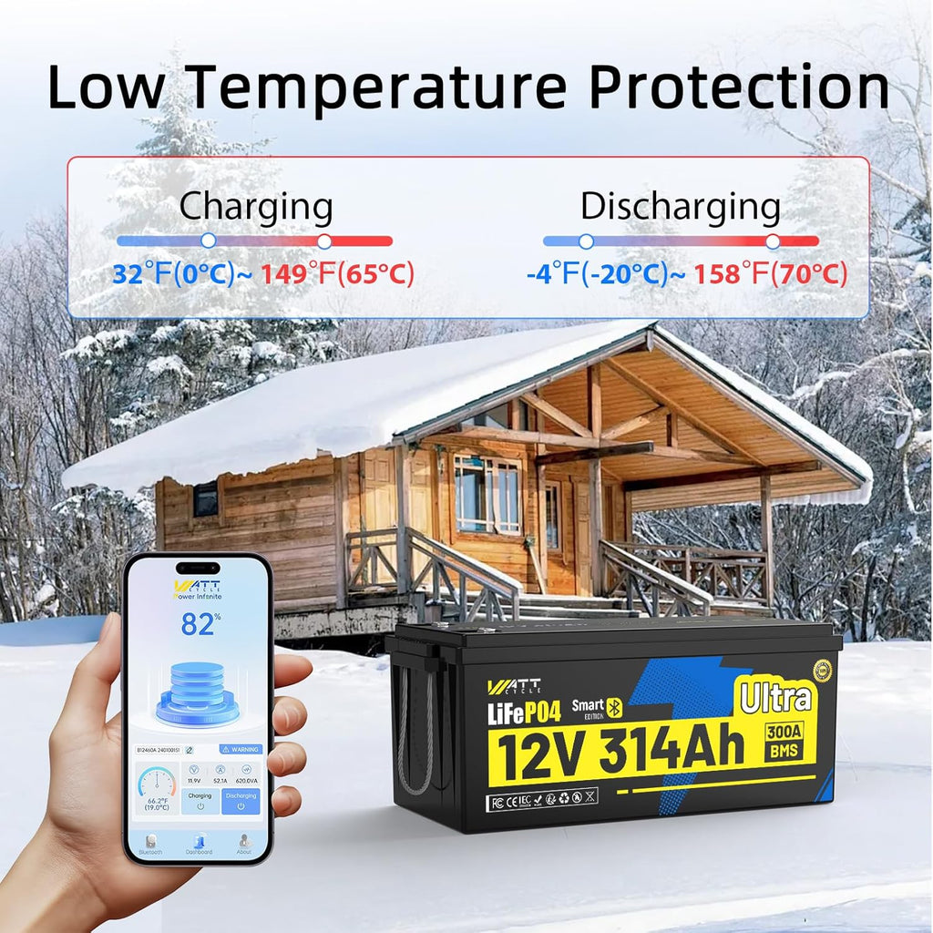 WattCycle 12V 314Ah Lithium Battery, LiFePO₄ Battery 12V 300A BMS, Lithium RV Batteries Built-in Bluetooth, IP65 Marine Batteries, Perfect for Home Energy Storage, RV, Marine, Solar, Off-Grid