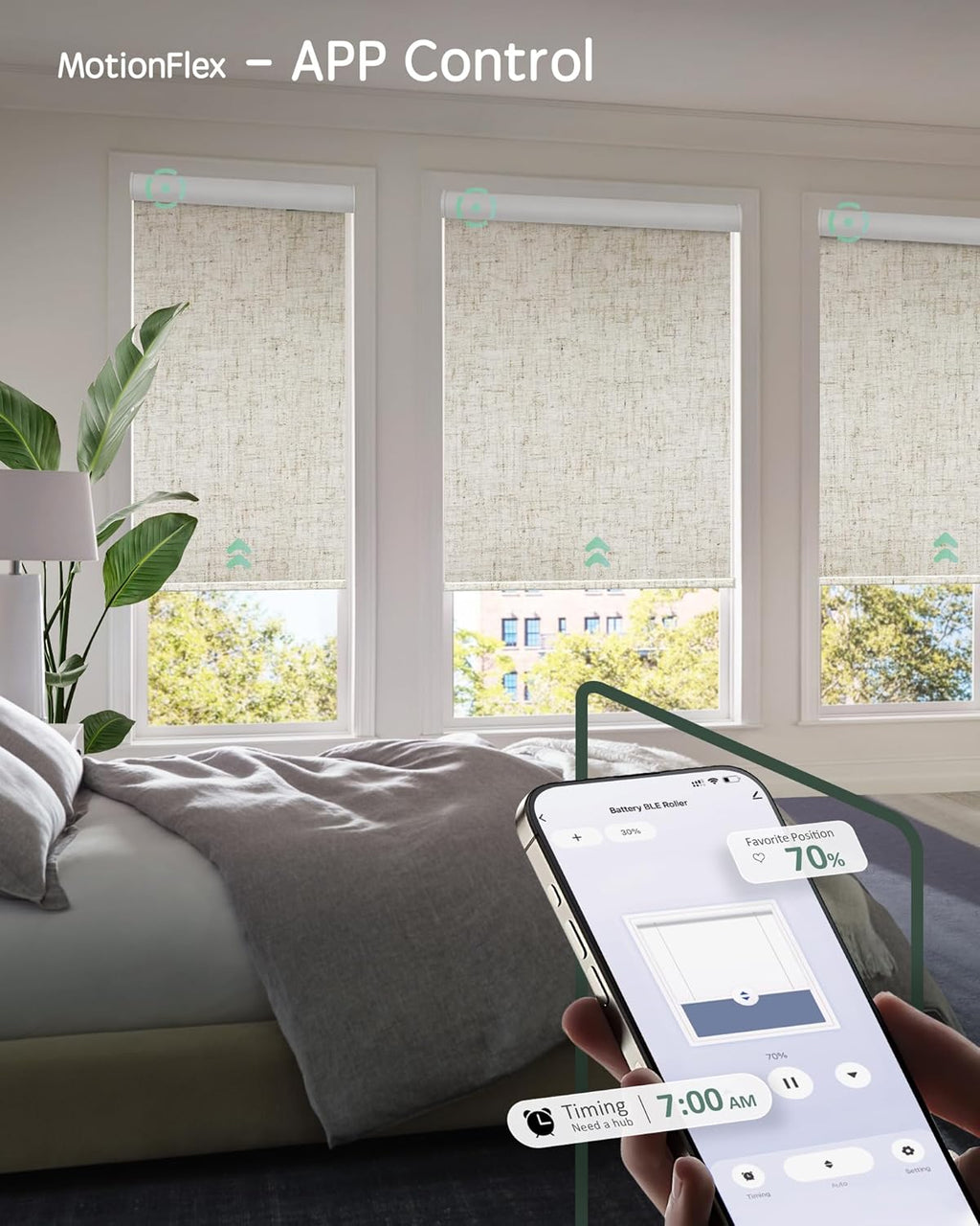 Yoolax Motorized Shades Dual Control, MotionFlex Motorized Roller Shades with App & Manual Control, Pull Down Automatic Shades for Indoor Windows, Custom Size(Blackout Linen Beige)