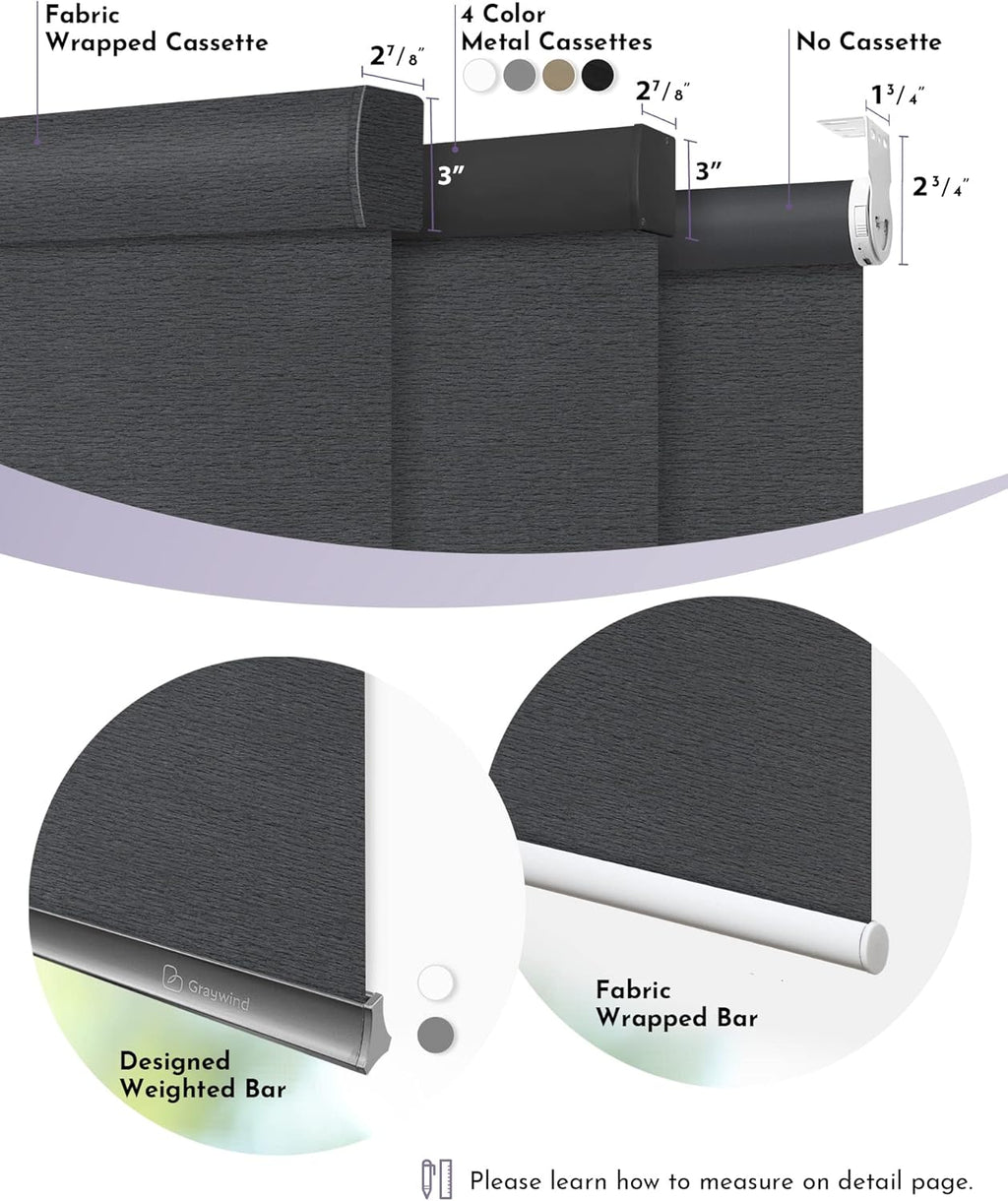 Graywind Smart Blackout Roller Shades Work with Alexa Google Textured Fabric Rechargeable Motorized Blinds Cordless Remote Control Window Shades, Custom Size (Frequency Nero)