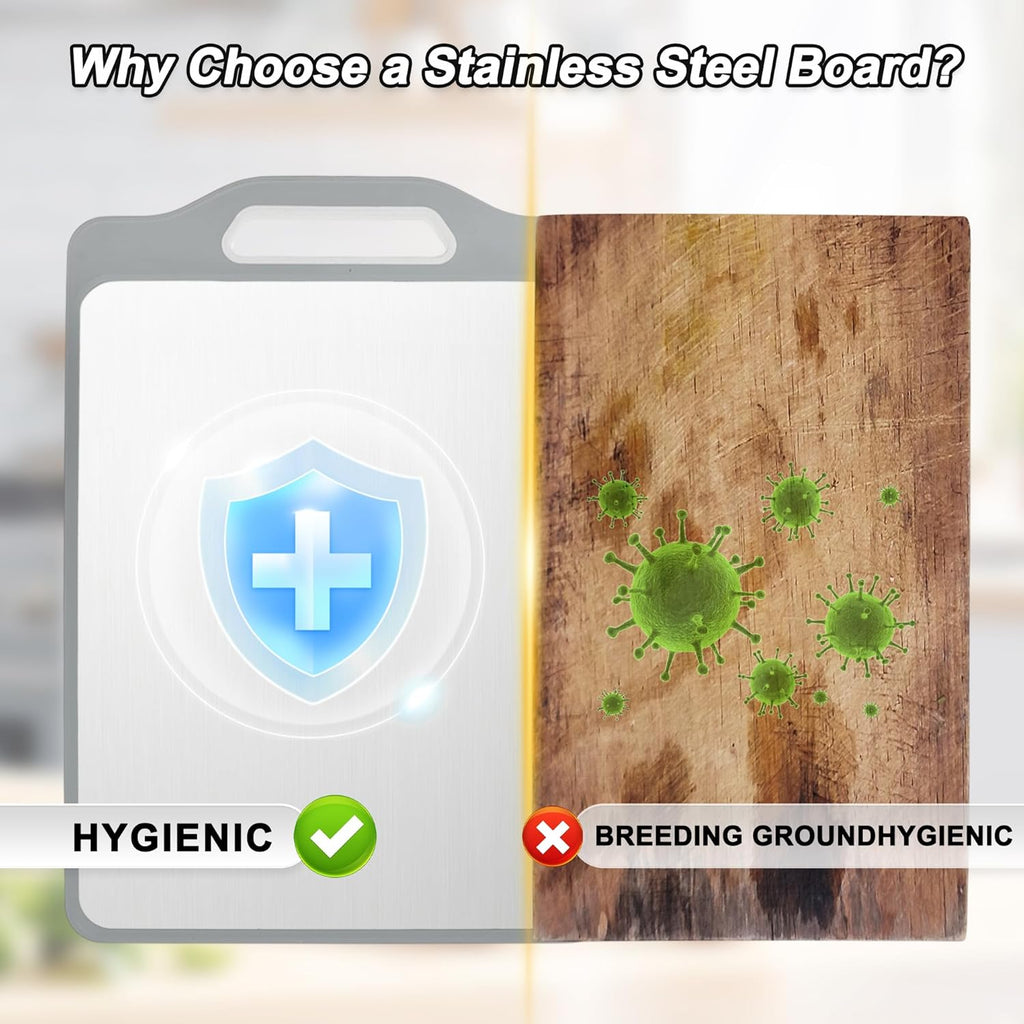 VOCOSTE Double-Sided Stainless Steel Cutting Board, Hygienic Kitchen Board for Meat, Fruits & Vegetables, Dishwasher Safe, Families with Children and Elderly, Gray