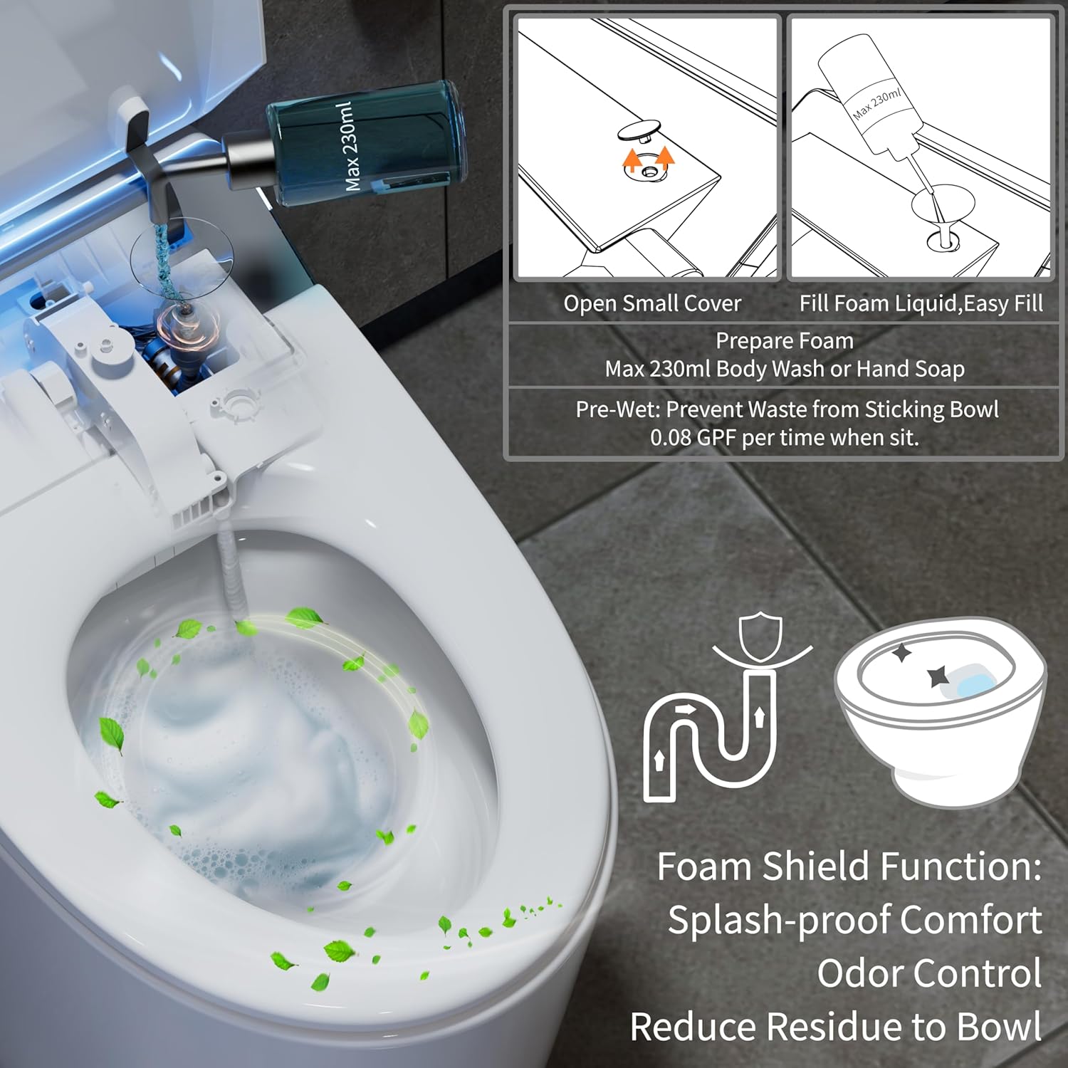 Smart Toilet with Bidet Built in, Toilets with Tank, Auto Open Close, Auto Flush, Foot Sensor, Heated Seat, Warm Water, Foam Dispenser, Elongated Bidets for Modern Bathroom, Remote, Night Light