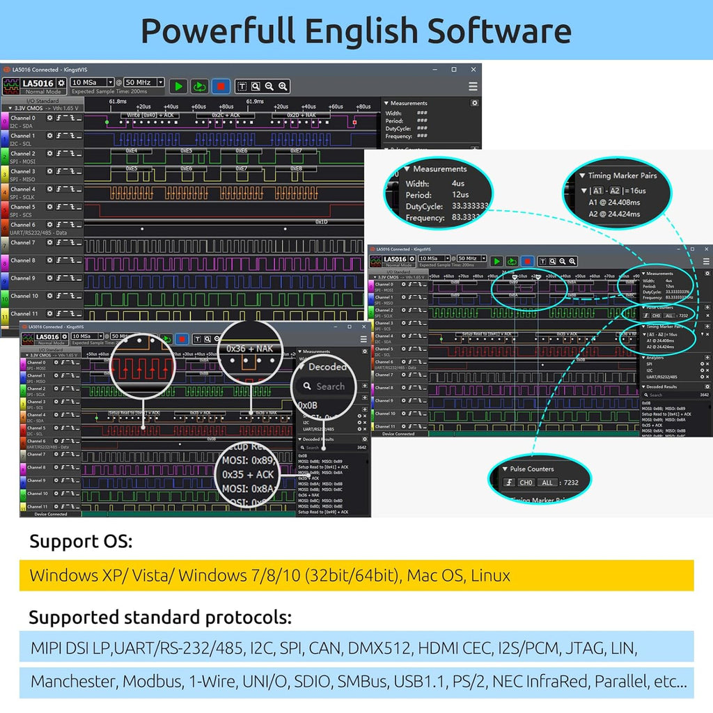 USB Logic Analyzer LA5032 32 Channels 500MHz 10G Samples for MCU ARM FPGA Debug Tool MIPI Analyzer with English Software Compatible with Windows Mac Linux