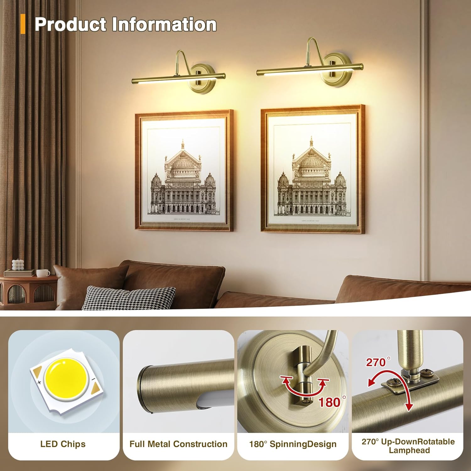 JOOSENLUX Modern LED Picture Lights Fixtures,Art Decor Metal Artwork Mini Accent Spotlights 16.54" Inch,7W(45W Eqv.),Natural White 3000K,Hardwire Swing Arm, Antique Bronze Finish