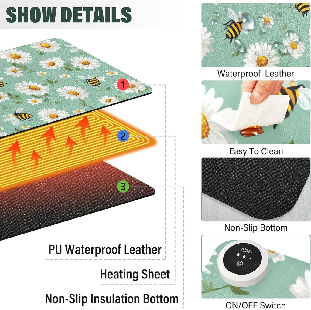 Heated Desk Pad Mouse Pad 31.5x13 Inch PU Leather Desk Mat with 3 Heat Levels Large Mouse Gaming Computer Laptop Mat Mint Green Daisy Flowers and Bees