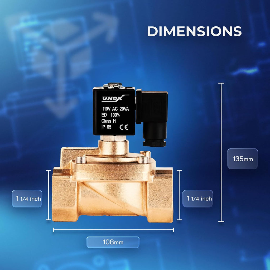 UNOX 1 1/4" NPT Solenoid Valve 110V AC, Brass Control Valve Normally Closed - 7-232 PSI Multi-Purpose Reliable Control Valve for Water, Air, and Gas - Solenoid Valves