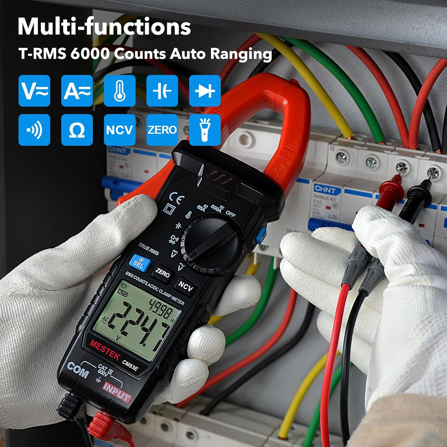 MESTEK Digital Clamp Meter Multimeter, TRMS 6000 Counts Auto-ranging Amp Voltage Tester, Measures AC/DC Current, Voltage, Temperature, Capacitance, Resistance, Continuity, Diode & NCV