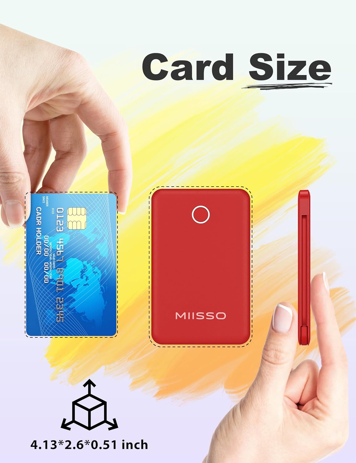 miisso 6000mah Ultra Slim Built in Cables Power Bank, Card Size Built in USB C Cords Battery Pack Portable Charger for Phones, 3 Output External Battery Pack Compatible with iPhone, Red
