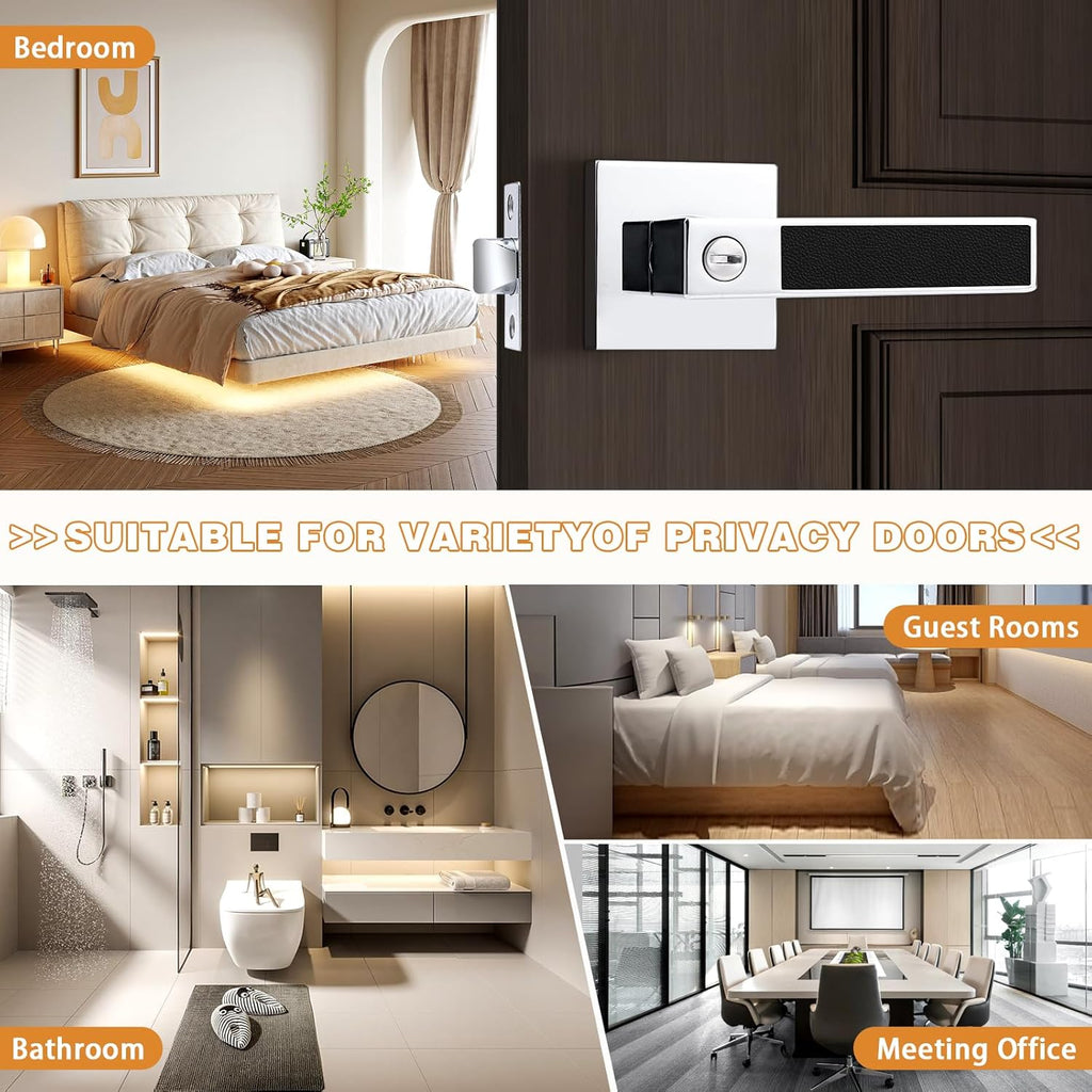 Probrico Square Heavy Duty Door Handle with Black Leather Hand Lever, Keyless Privacy Interior Door Levers for Bedromm and Bathroom, Polished Chrome, 2 Pack