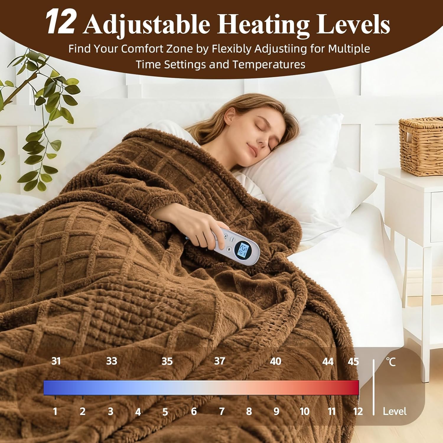 Heated Blanket Electric,Waffle Heating Blanket with 12 Heat Levels, Fast Heating Blanket with 1-12 Timer Settings, Overheat Protection with ETL & FCC for Home Office Sofa-50"x60"