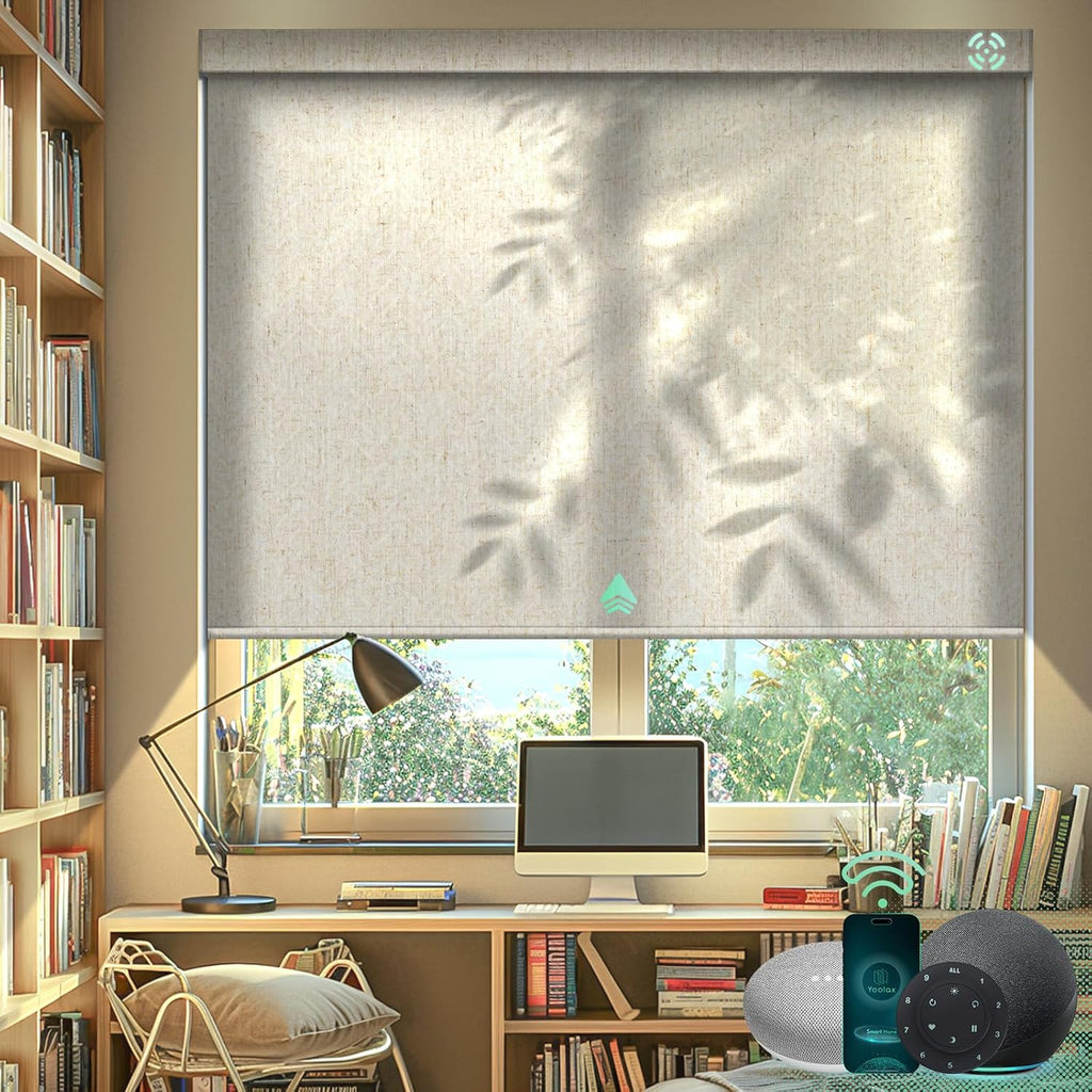 Yoolax Motorized Blinds with Remote, Light Filtering Smart Blinds Compatible with Alexa Google Home, Automatic Shades for Windows Living Room, Custom Size (50% Blackout V-Jungle Linen)